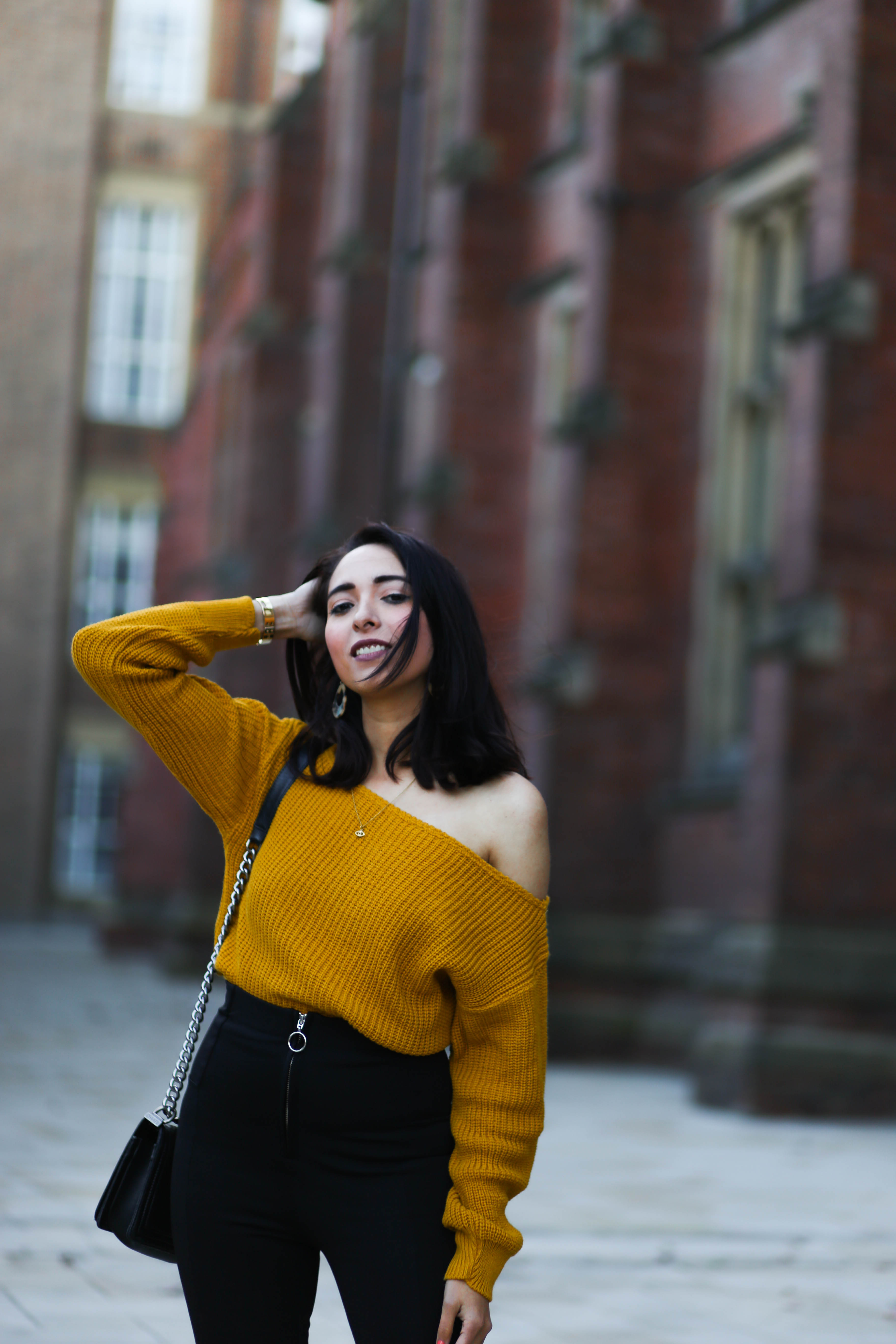 Mustard off shop the shoulder jumper