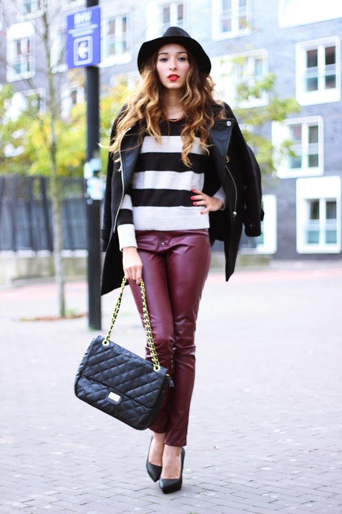 Burgundy leather pants | preppyfashionist.com