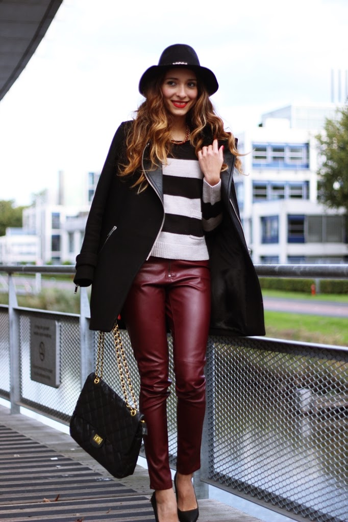 Burgundy leather pants - preppyfashionist.com